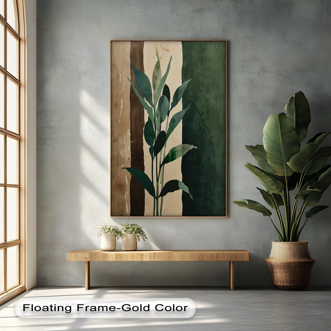 Vertical Botanical Print Deep Green Foliage White Floating Frame