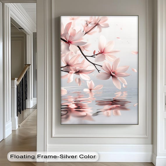 Cherry Blossom Canvas Art Pink Floral Water Reflection Silver Frame
