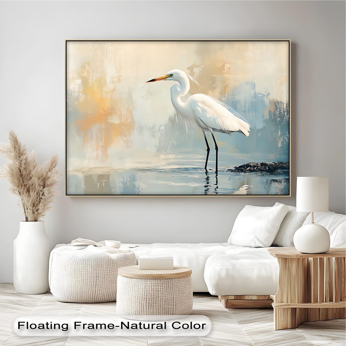 White Heron Wading in Calm Water Soft Minimalist Coastal Art Print