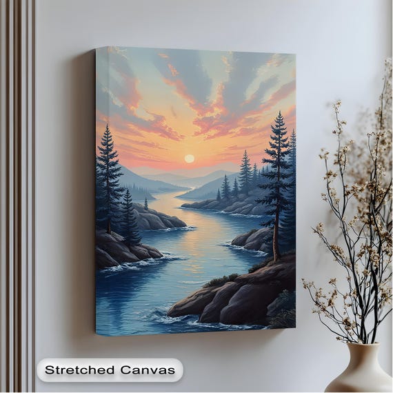 Mountain River Sunset Canvas Print Tranquil Nature Scene Wall Art Framed Artwork