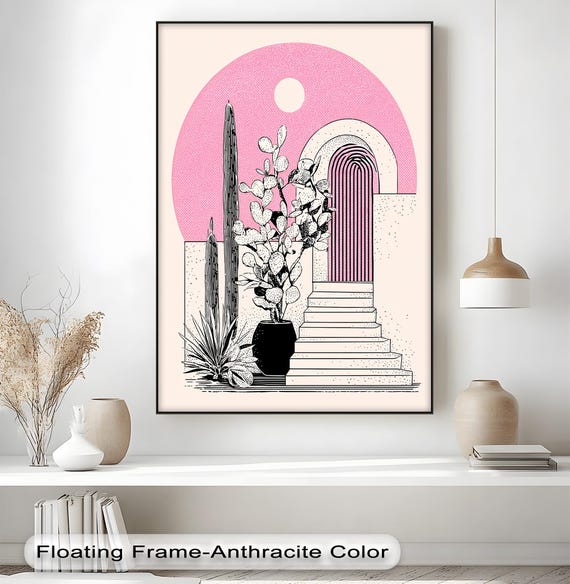 Abstract Desert Steps Canvas Art Gold Frame Pink Sun Boho Decor