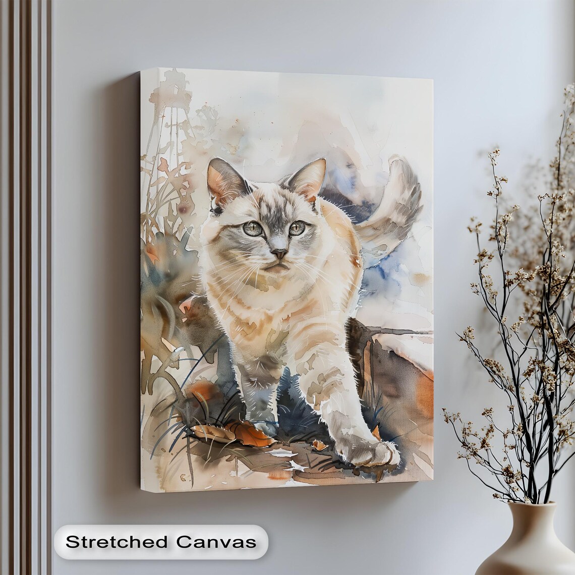 Cream Cat Watercolor Floral Garden Feline Portrait Canvas Wall Art