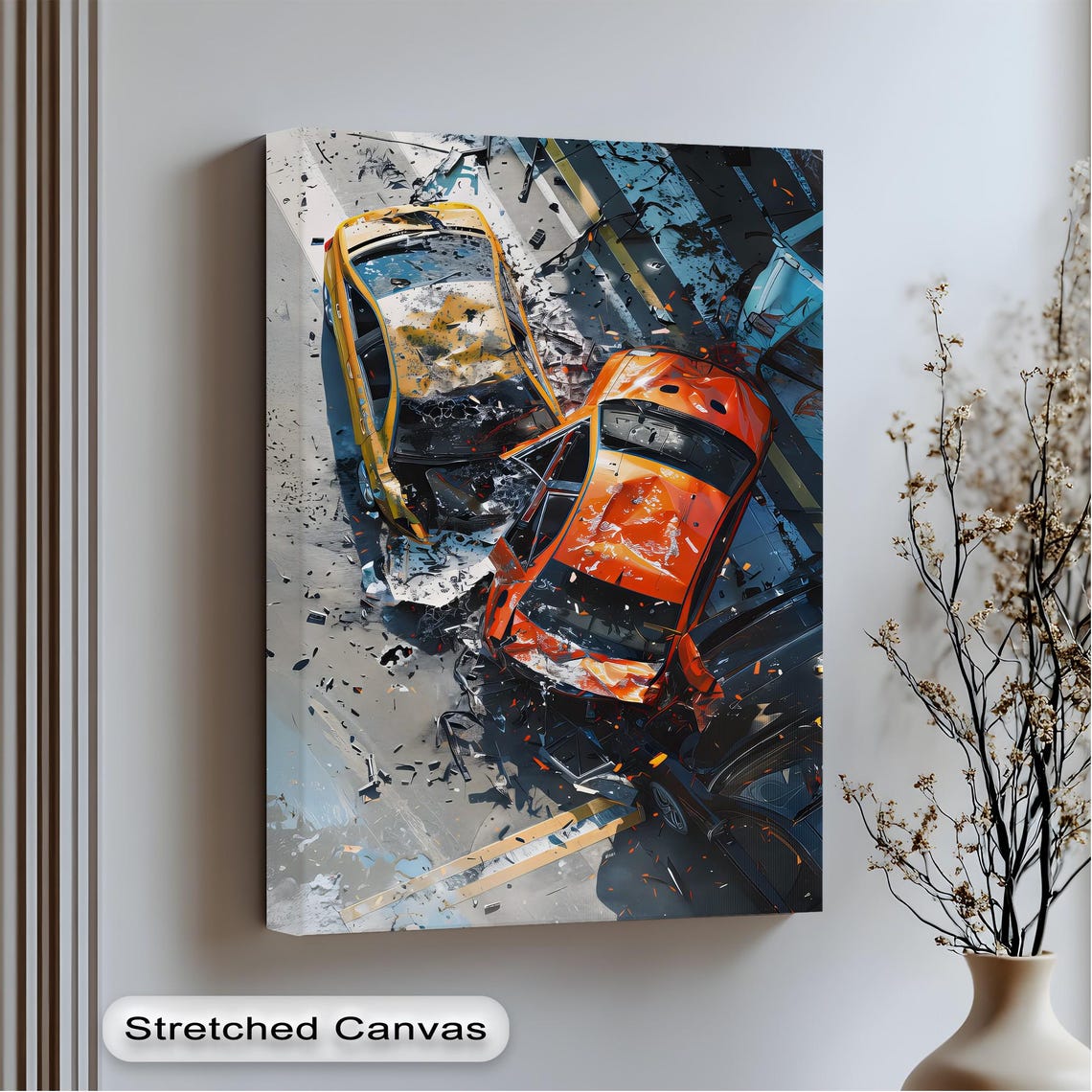Aerial Car Crash Scene Print With Bold Yellow And Orange Collision Art