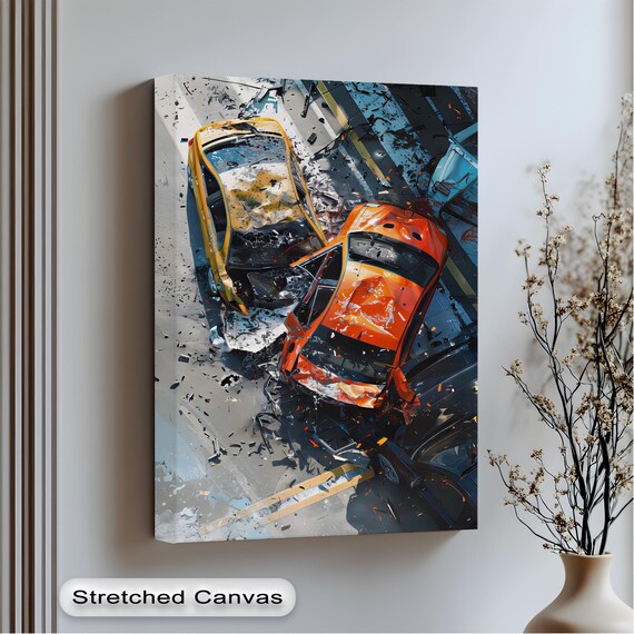 Aerial Car Crash Scene Print With Bold Yellow And Orange Collision Art