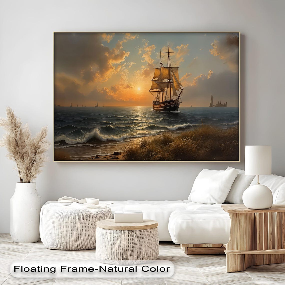 Tall Sailing Ship At Golden Sunset Oil Painting Style Seascape Poster