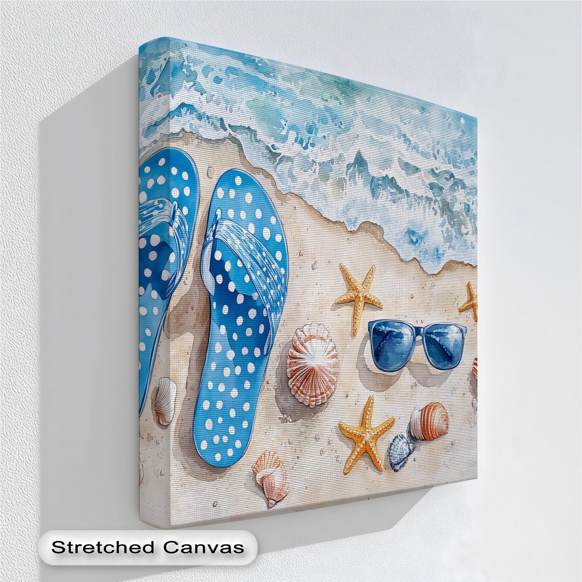 Blue Flip Flops Starfish Shells Watercolor Beach Sandals Art Poster