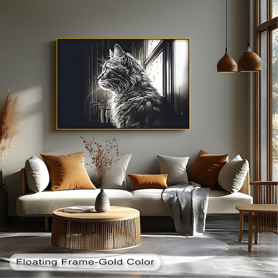 Black White Cat Rainy Window Minimalist Monochrome Feline Home Art Poster