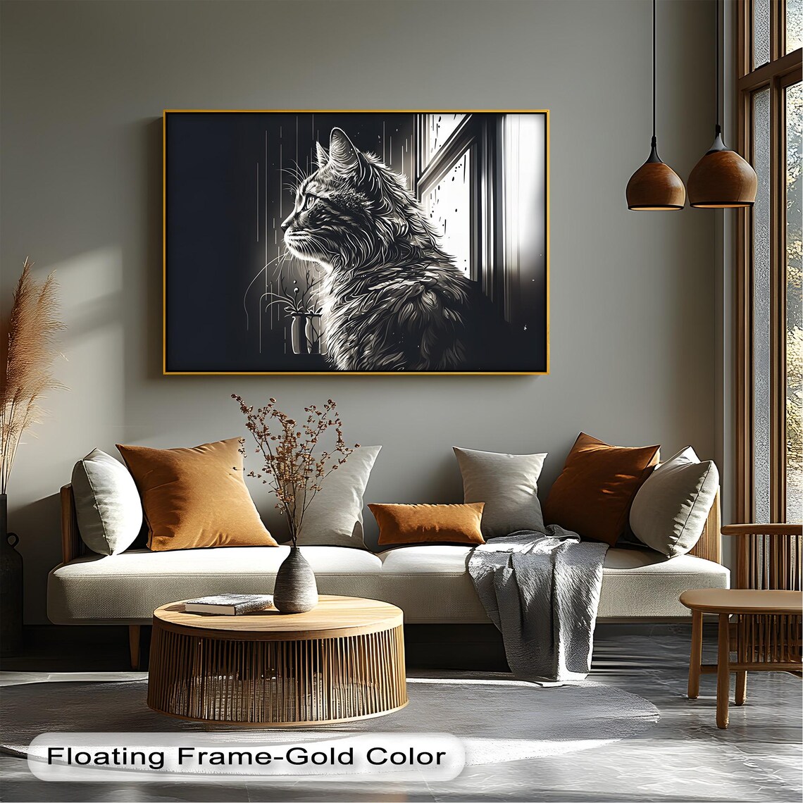 Black White Cat Rainy Window Minimalist Monochrome Feline Home Art Poster
