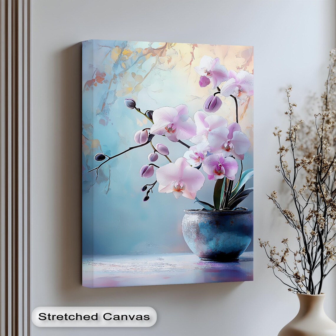 Pink Orchids Watercolor Ceramic Pot Soft Floral Botanical Art Print