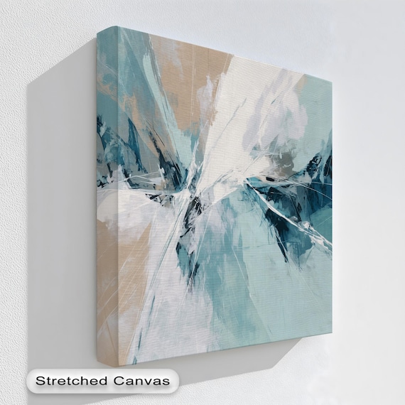 Turquoise Abstract Canvas Wall Art Modern Brushstroke Painting With Natural Frame