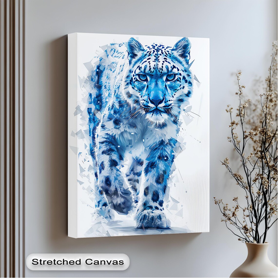 Blue Snow Leopard Canvas Art Gold Frame Modern Animal Print