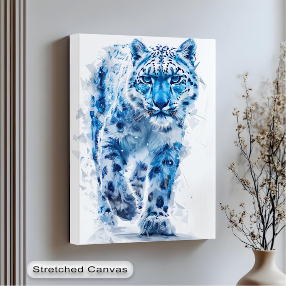 Blue Snow Leopard Canvas Art Gold Frame Modern Animal Print