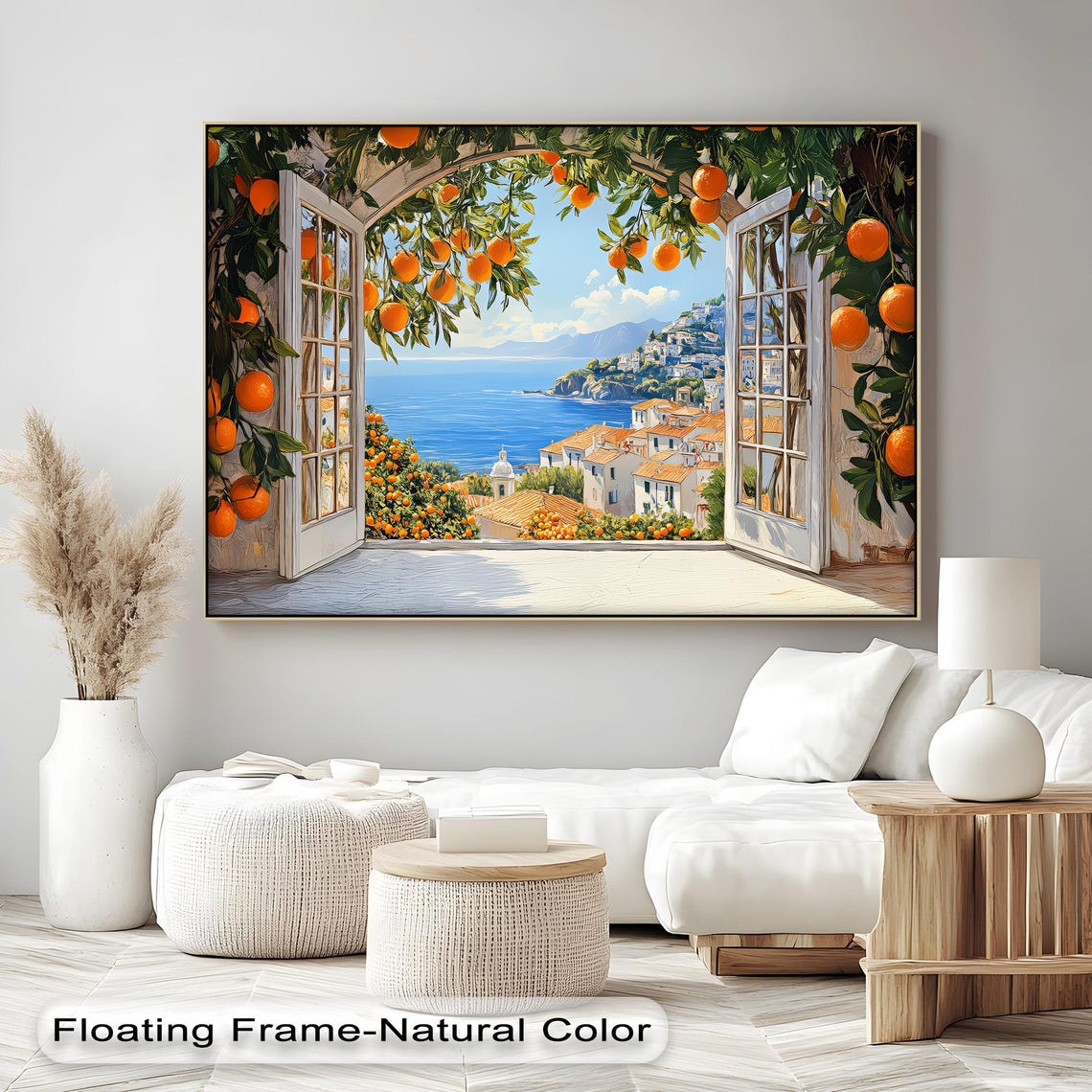 Mediterranean Orange Grove Window View Coastal Town Canvas Print