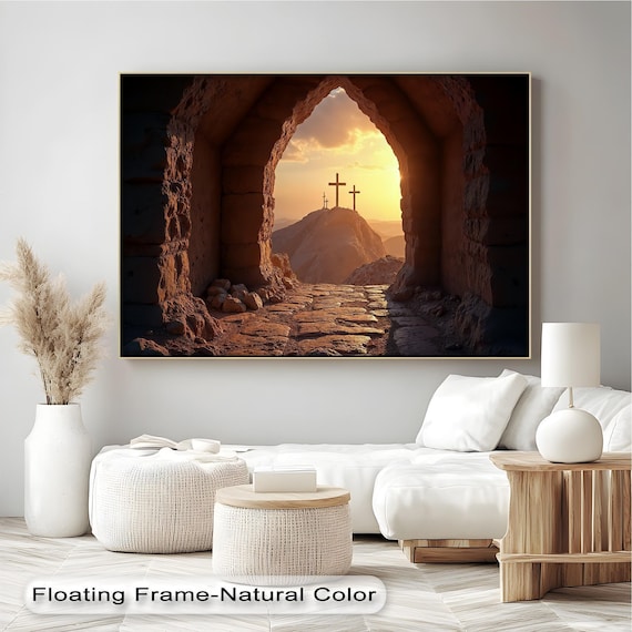 Three Crosses on Calvary Hill Through Stone Tomb Arch Sunset Wall Art