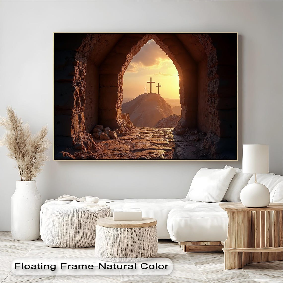 Three Crosses on Calvary Hill Through Stone Tomb Arch Sunset Wall Art