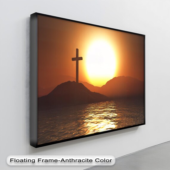 Cross Silhouette Golden Sunset Over Water Christian Scene Poster