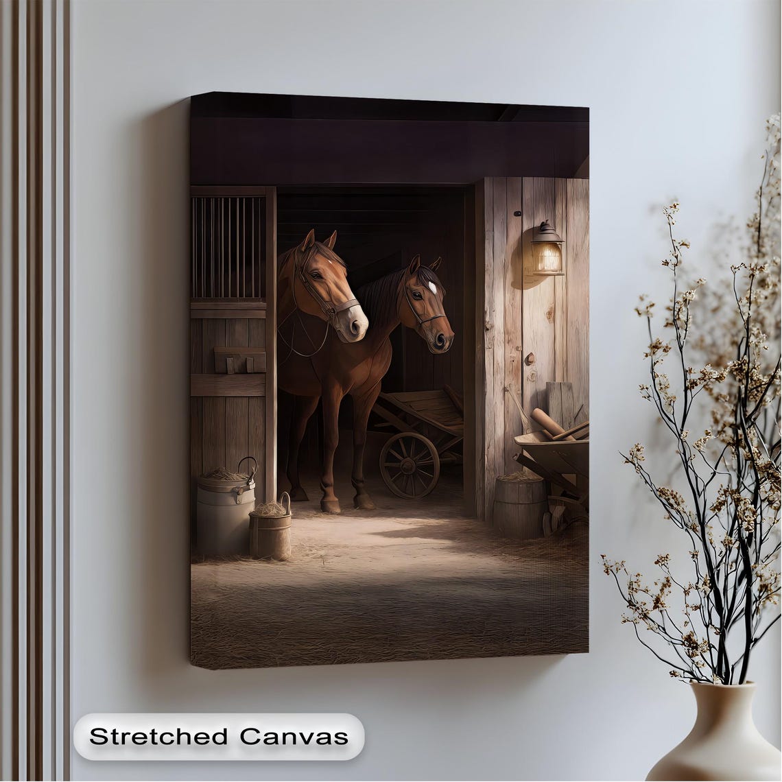 Two Brown Horses Rustic Stable Warm Light Cozy Farm Art Poster