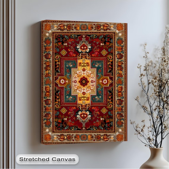 Oriental Rug Style Canvas Red Teal Gold Persian Carpet Art Poster
