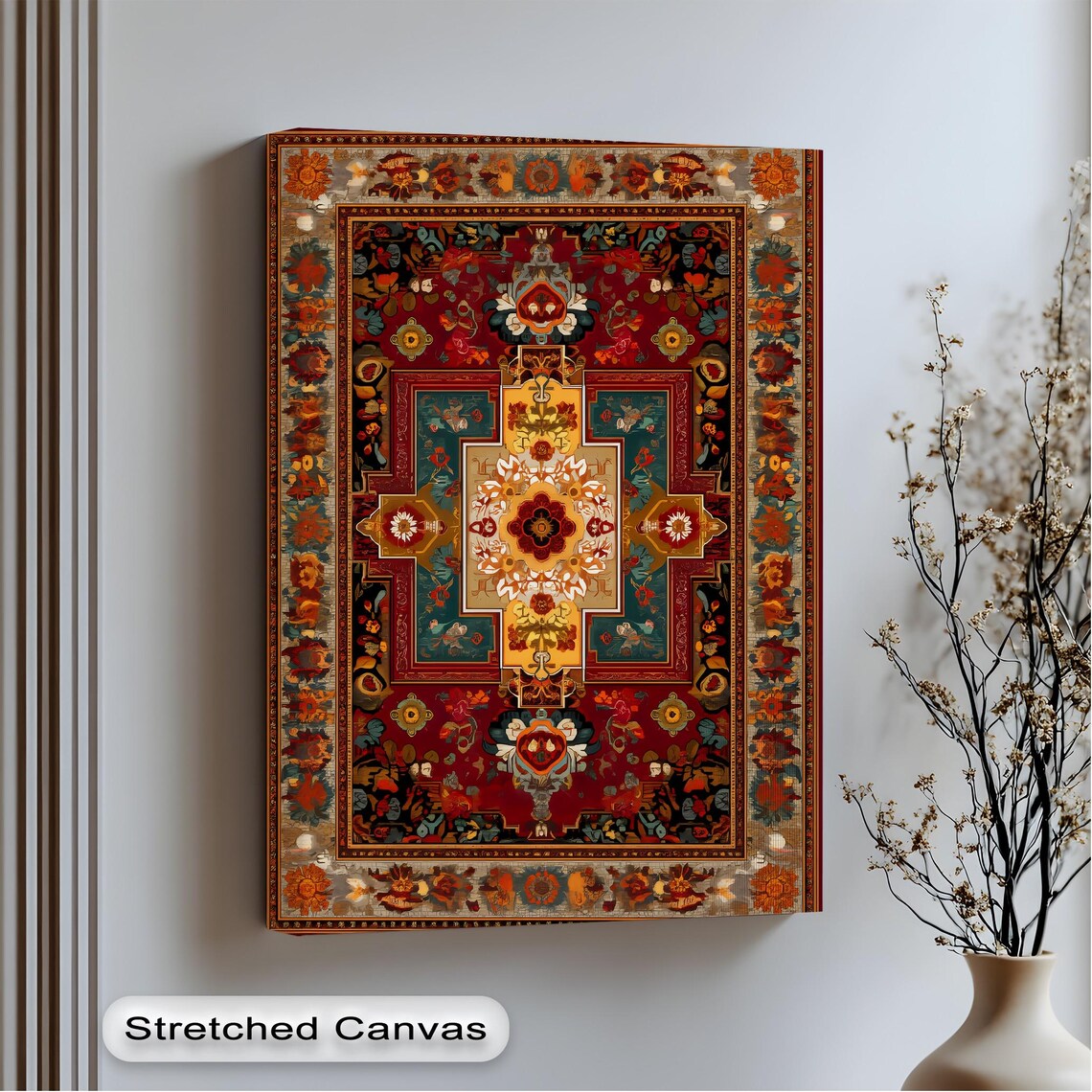 Oriental Rug Style Canvas Red Teal Gold Persian Carpet Art Poster