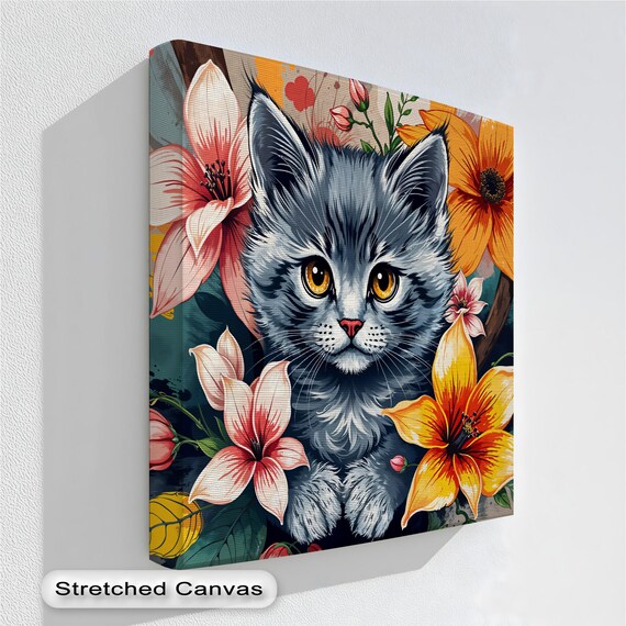 Gray Kitten Floral Canvas Cute Fluffy Cat Spring Flowers Nursery Art Poster