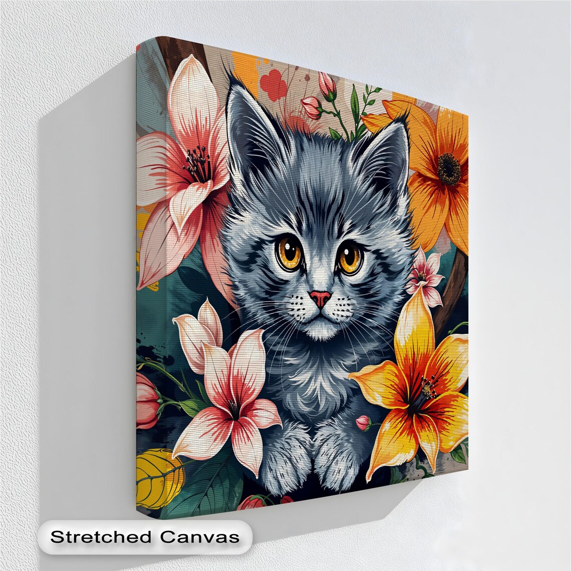 Gray Kitten Floral Canvas Cute Fluffy Cat Spring Flowers Nursery Art Poster