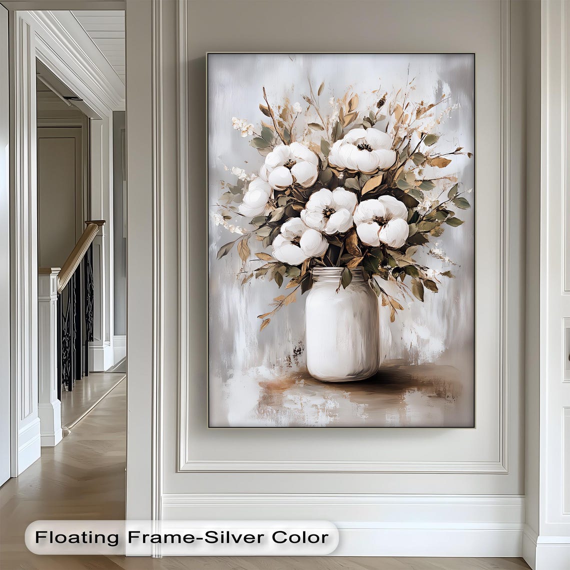 White Wildflowers Rustic Metal Pitcher Neutral Farmhouse Poster