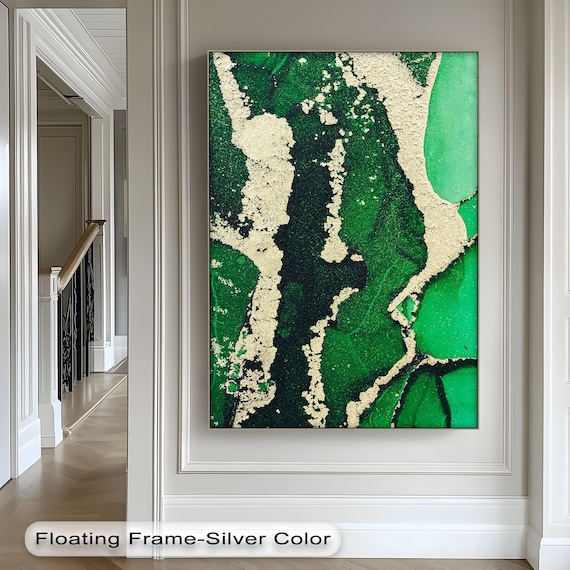 Emerald Green Abstract Canvas Art Gold Floating Frame Modern Home Decor