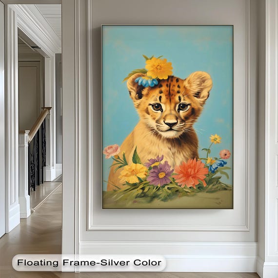 Floral Baby Cheetah Canvas Art Nursery Decor With Gold Frame