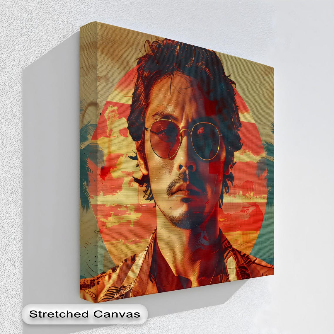 Retro Sunset Man Portrait Sunglasses Tropical Palm Pop Art Print