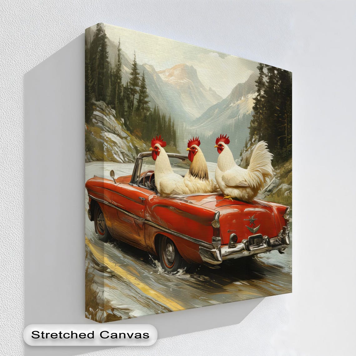 Funny Chickens Riding Red Convertible Mountain Road Trip Wall Print