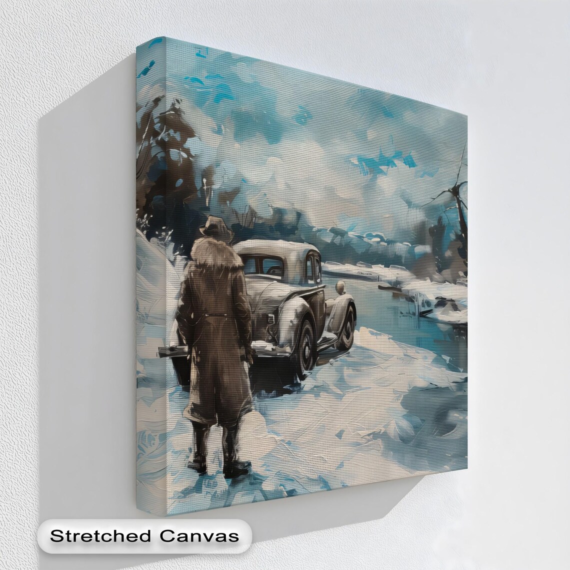 Winter Car Landscape Print With Vintage Vehicle In Snowstorm Scene