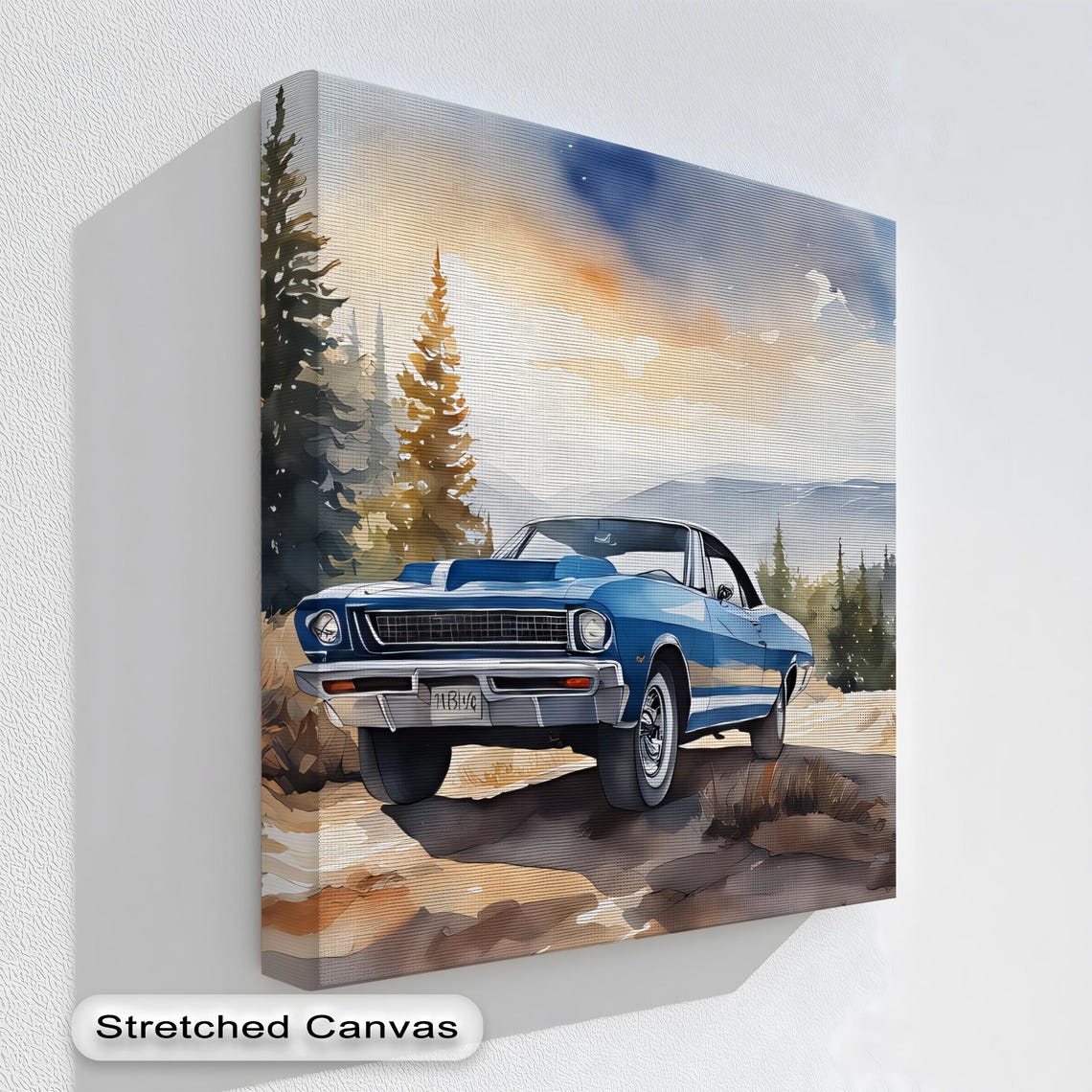 Blue Vintage Car Canvas Art Mountain Forest Landscape Gold Frame