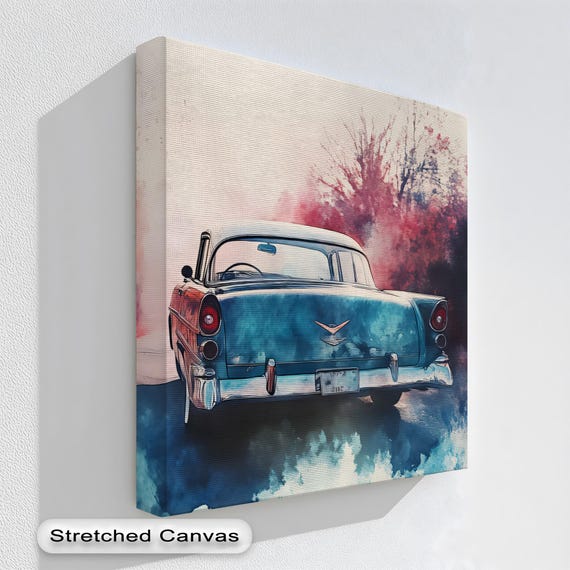 Vintage Blue Classic Car Autumn Road Watercolor Nostalgia Print
