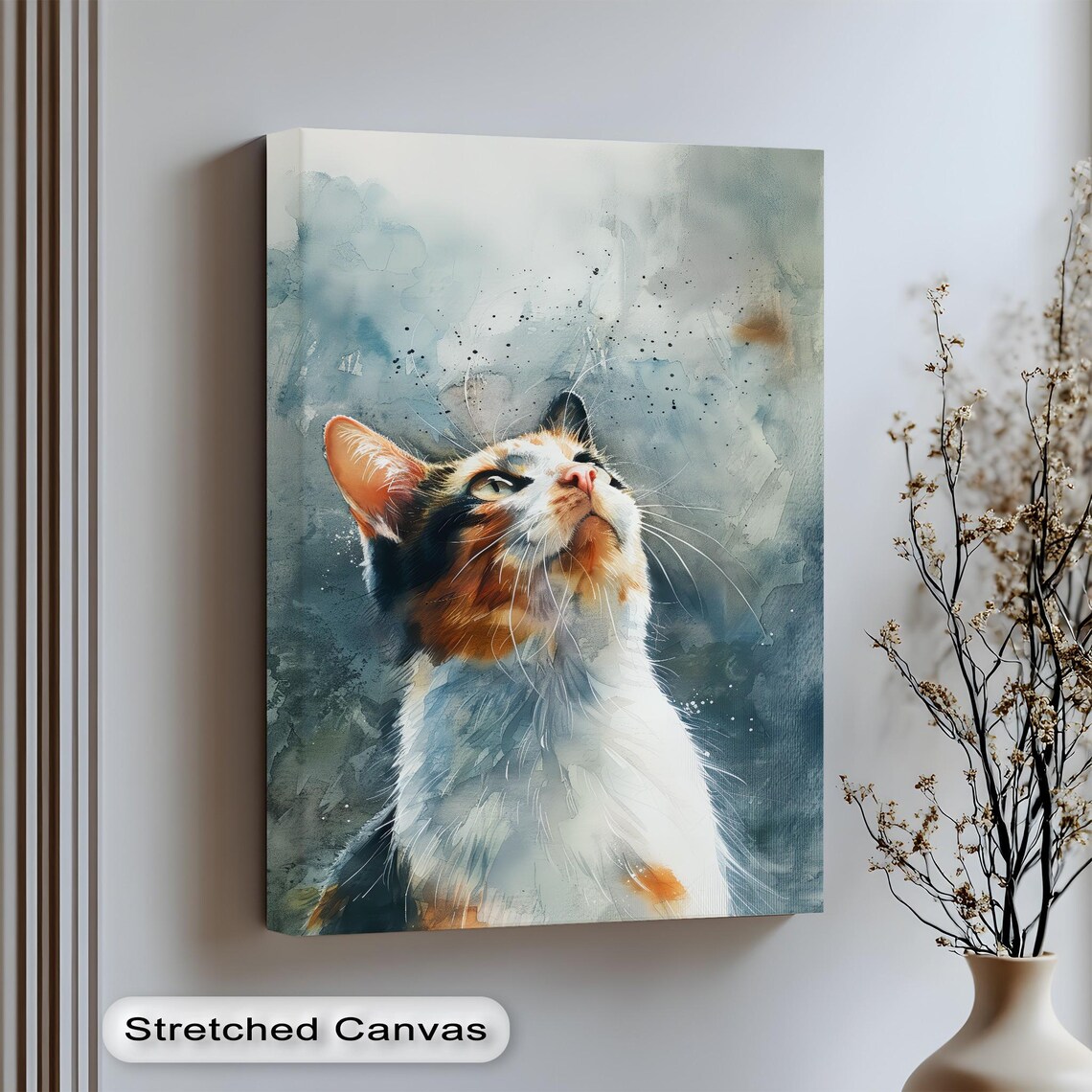 Calico Cat Watercolor Looking Up Dreamy Feline Portrait Art Print