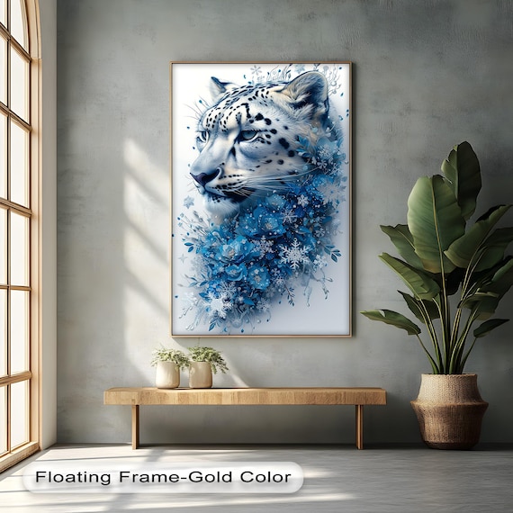 Snow Leopard Canvas Wall Art Blue Winter Jungle Floral Animal Print For Natureinspired Rooms