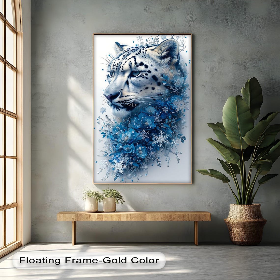 Snow Leopard Blue Floral Snowflake Winter Wildlife Art Poster