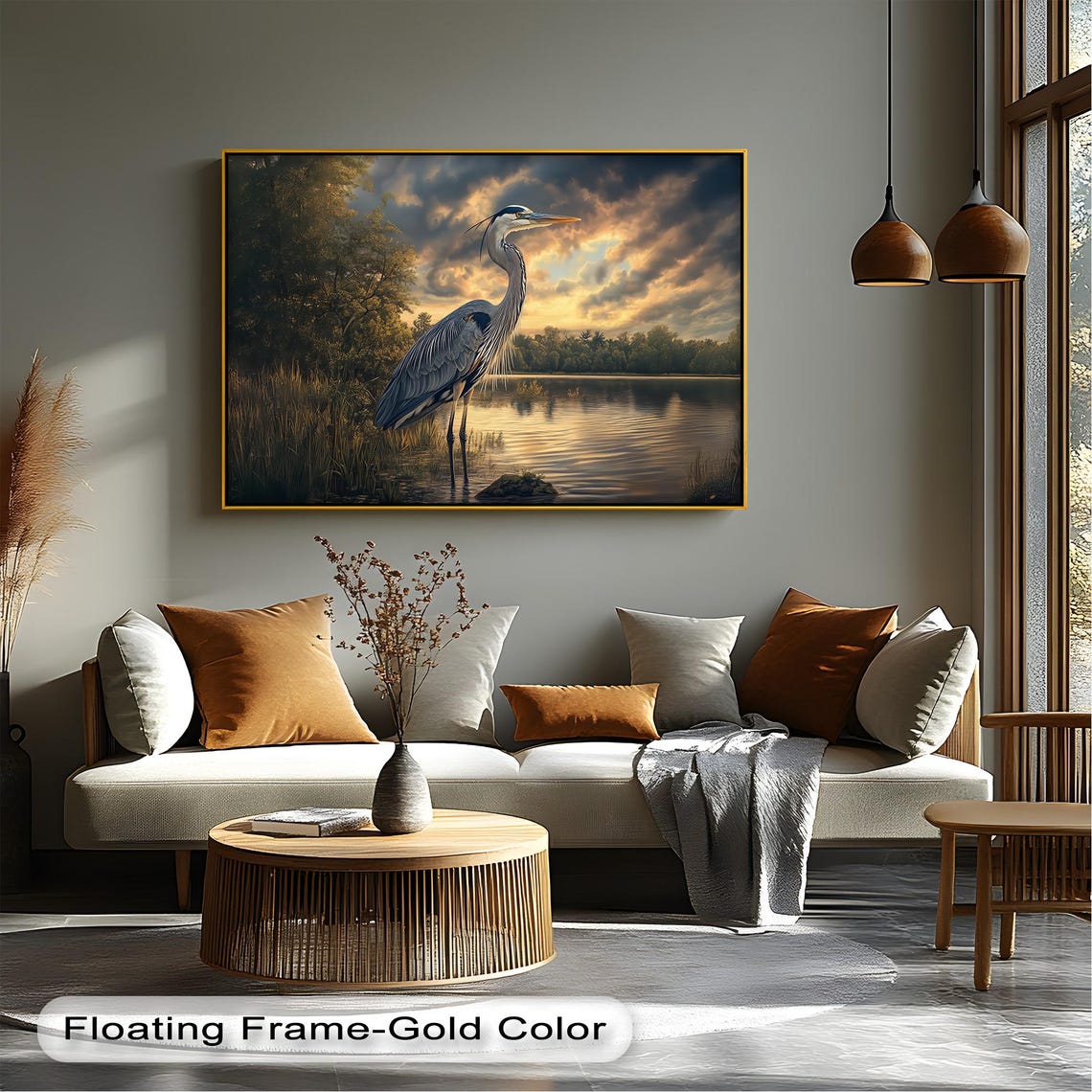 Tranquil Great Blue Heron Sunset Lake Golden Clouds Wildlife Poster