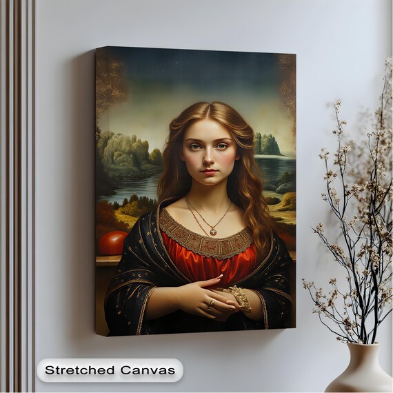 Renaissance Style Woman Portrait Poster with Red Dress and River View