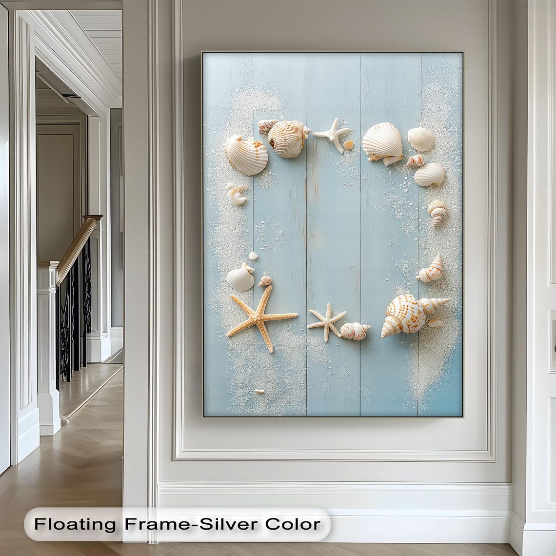 Seashells and Starfish on Rustic Blue Wood Sandy Coastal Poster