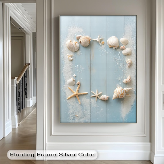 Seashells and Starfish on Rustic Blue Wood Sandy Coastal Poster