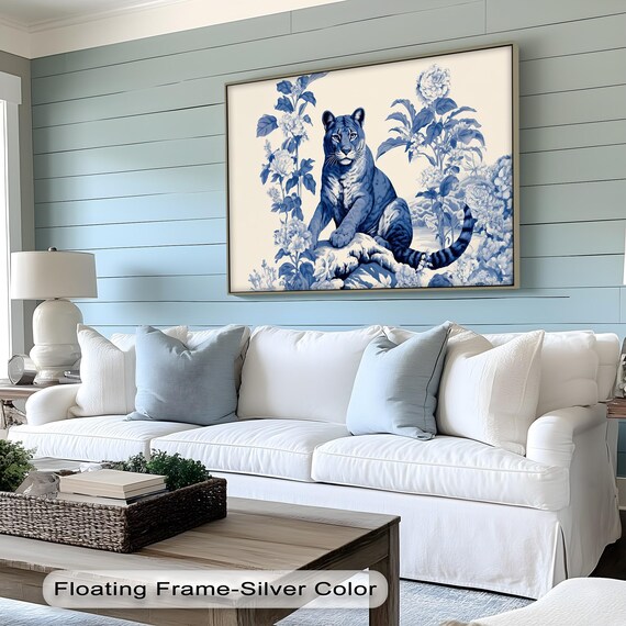 Blue Tiger Jungle Canvas Art Modern Floral Wildlife Print
