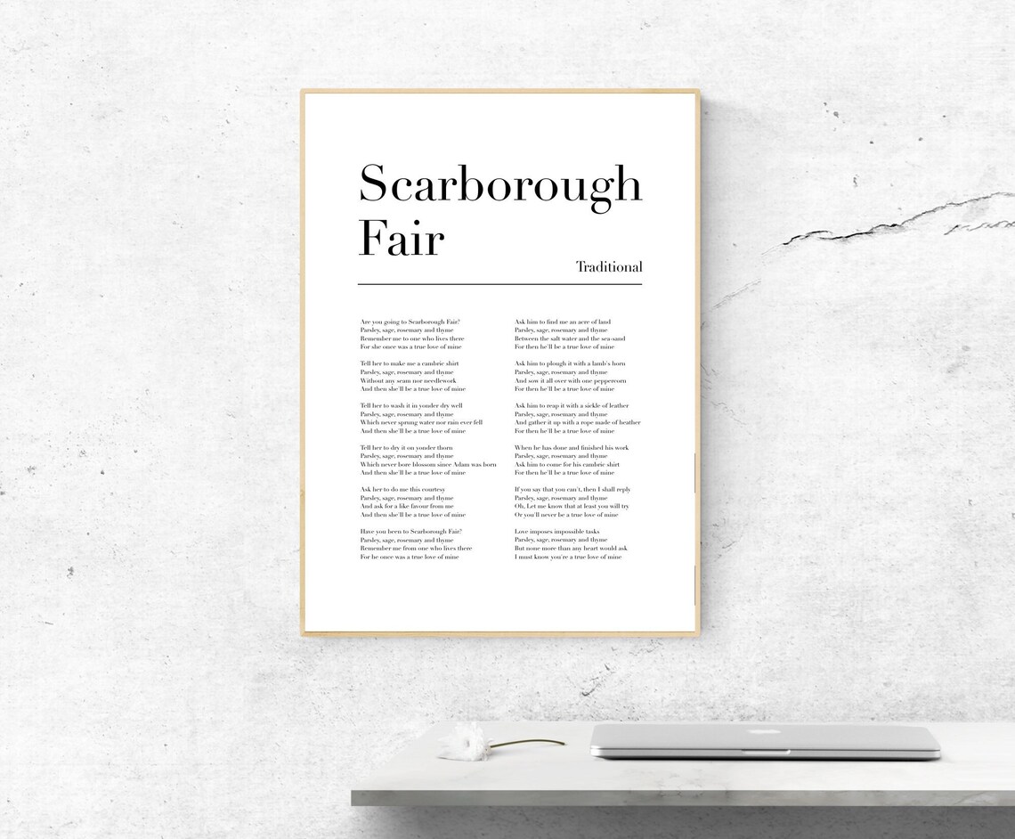 Scarborough Fair Lyrics Poster, Traditional Music Art Print