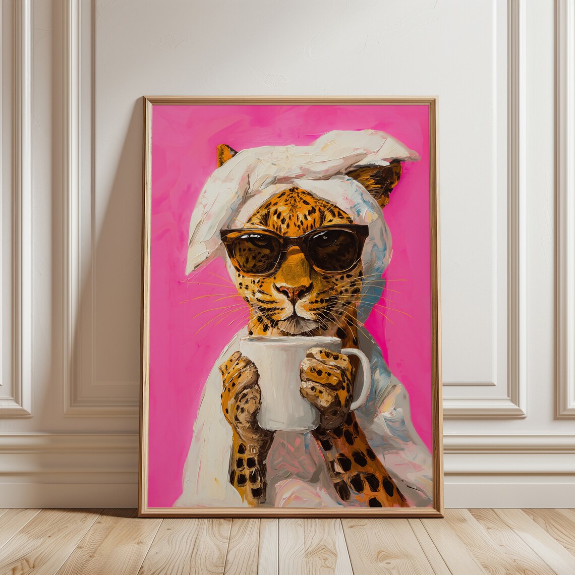 Leopard Drinking Coffee, Maximalist Oil Painting - Image 3