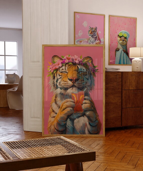 Tiger And Cocktail, Maximalist Oil Painting