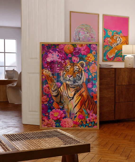 Tiger And Disco Ball, Maximalist Animal Art Print