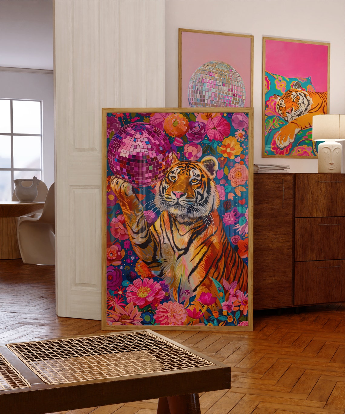 Tiger And Disco Ball, Maximalist Animal Art Print
