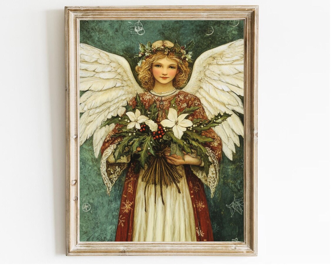 Christmas Angel Holding White Poinsettias Vintage Holiday Art Poster