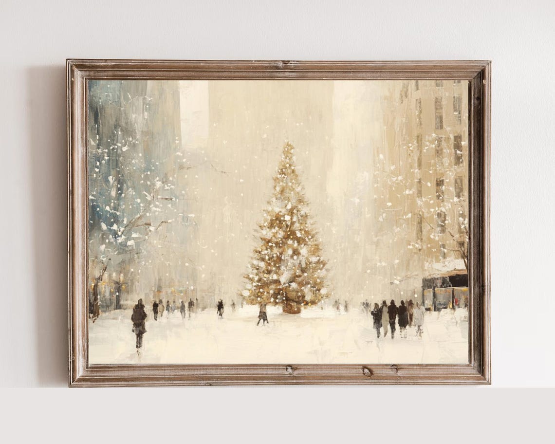 New York City Christmas Square Snowy Tree Vintage Painting Poster