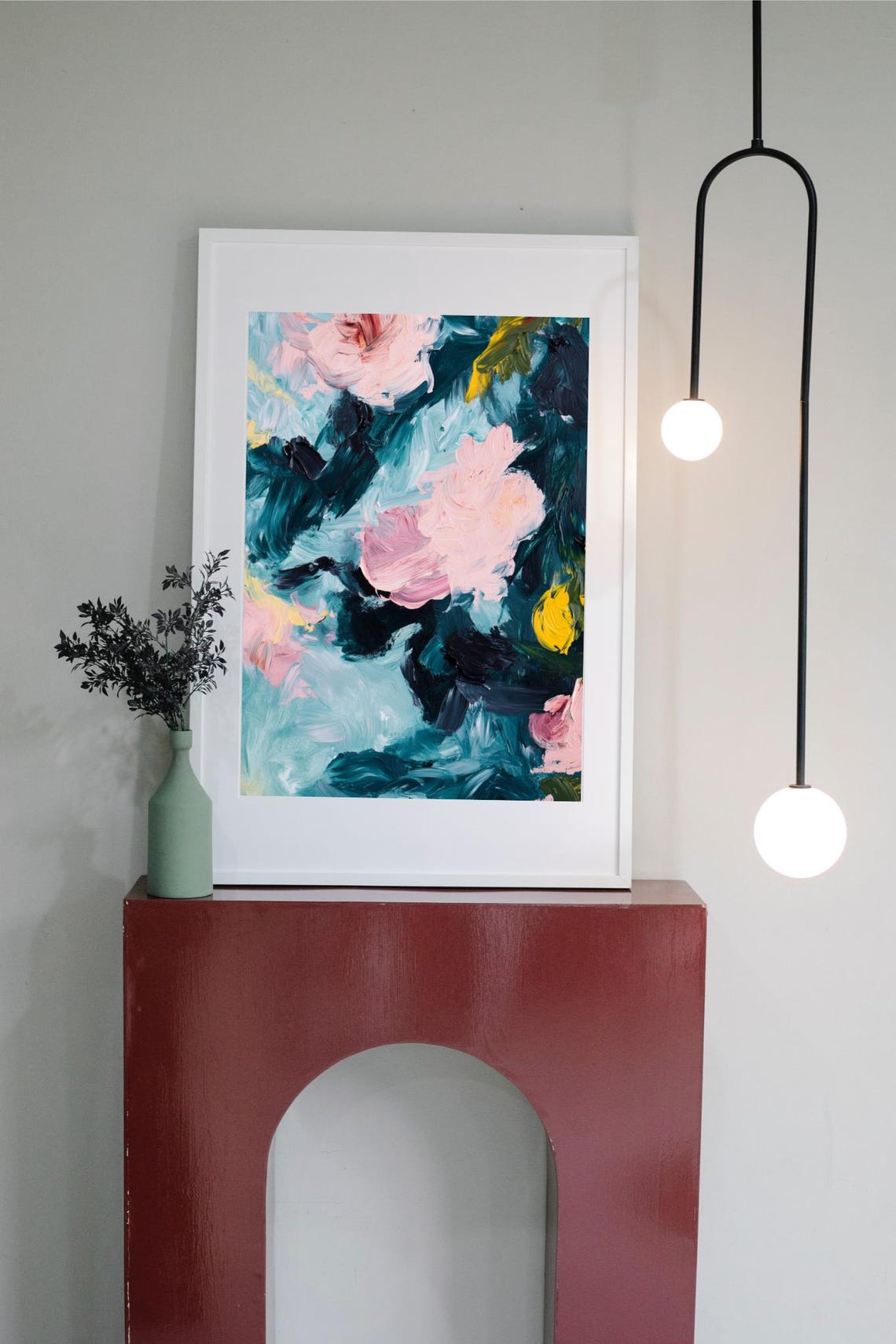 Abstract Floral Oil Painting Pink Teal Bold Brushwork Art Poster - Image 2