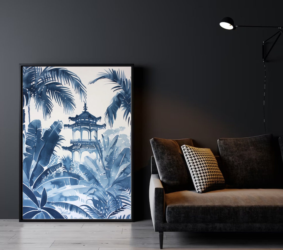 Blue Pagoda Palm Trees Chinoiserie Watercolor Botanical Wall Art - Image 2